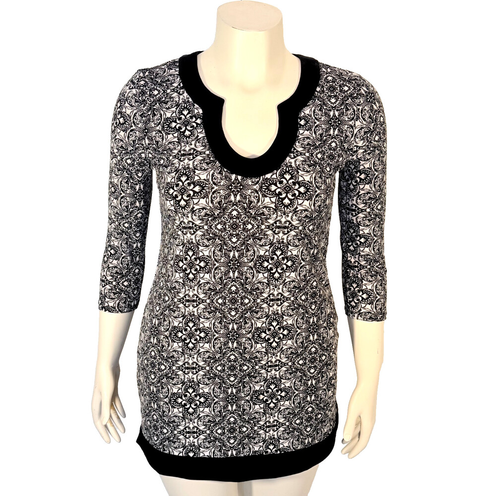 WHBM Tunic Top Mini Dress Womens S Black White Mosaic Tile Horseshoe Neck